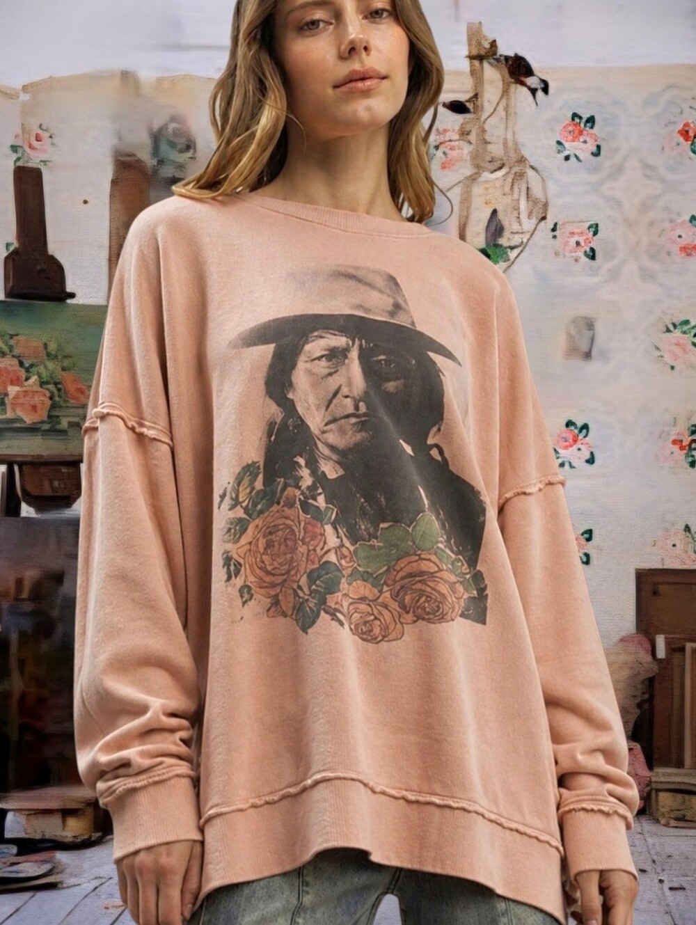 Magnolia Look Free Style Native Graphic Sweater Boho Sweatshirt Free Style L NWT